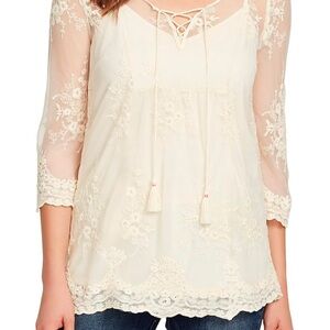 Vintage America Blues Top Womens L Mona Embroidered Mesh Lace Sheer Fairy Boho
